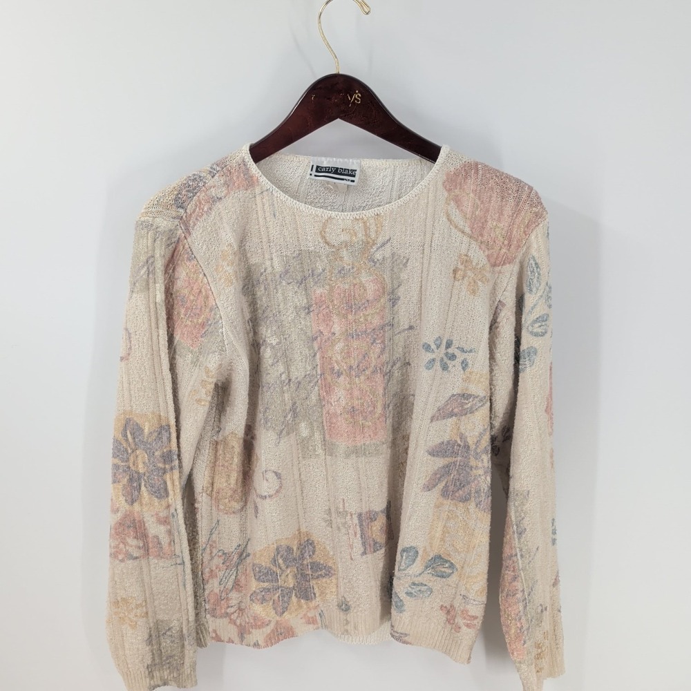 VTG 90s Carly Blake USA Classic‎ Winterwear Floral Pullover Sweater Ivory Size S